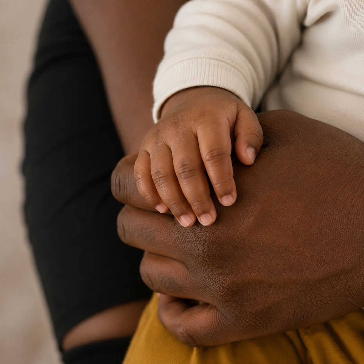 Adult hand holding a baby’s hand in a close-up, intimate scene with soft lighting