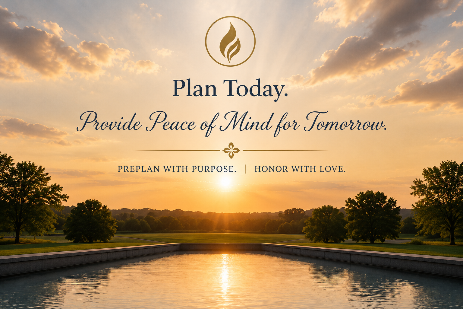 Sunset over a pond with “Plan Today. Provide Peace of Mind for Tomorrow.” text and a leaf logo