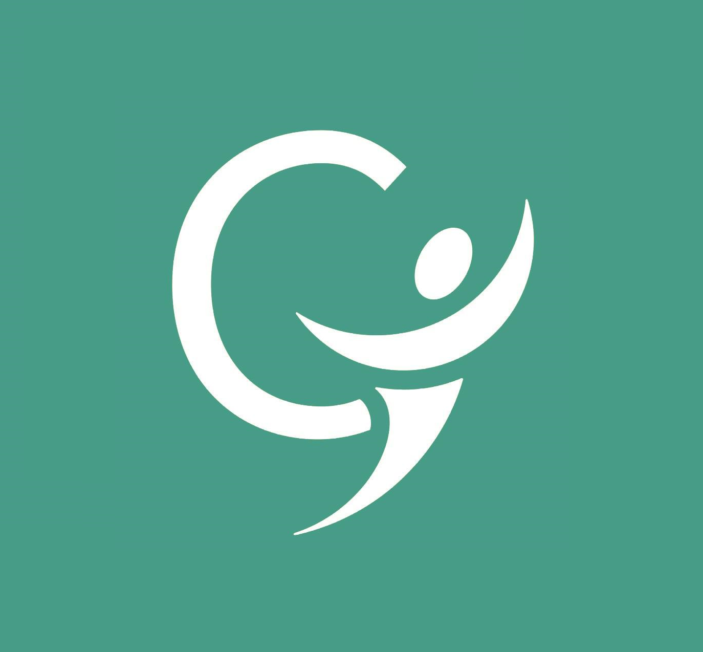 White abstract logo of a stylized person on a teal background