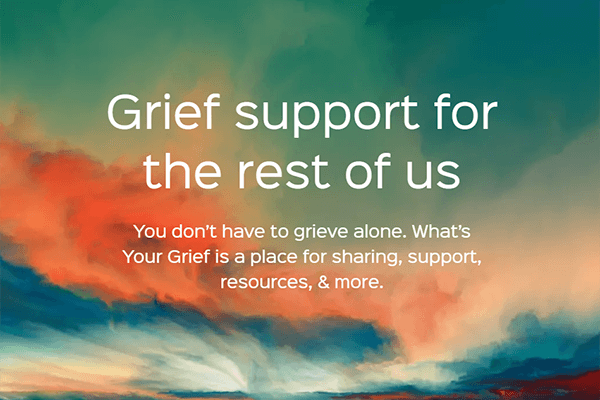 Grief support for the rest of us over a colorful sky background, with a short support message underneath