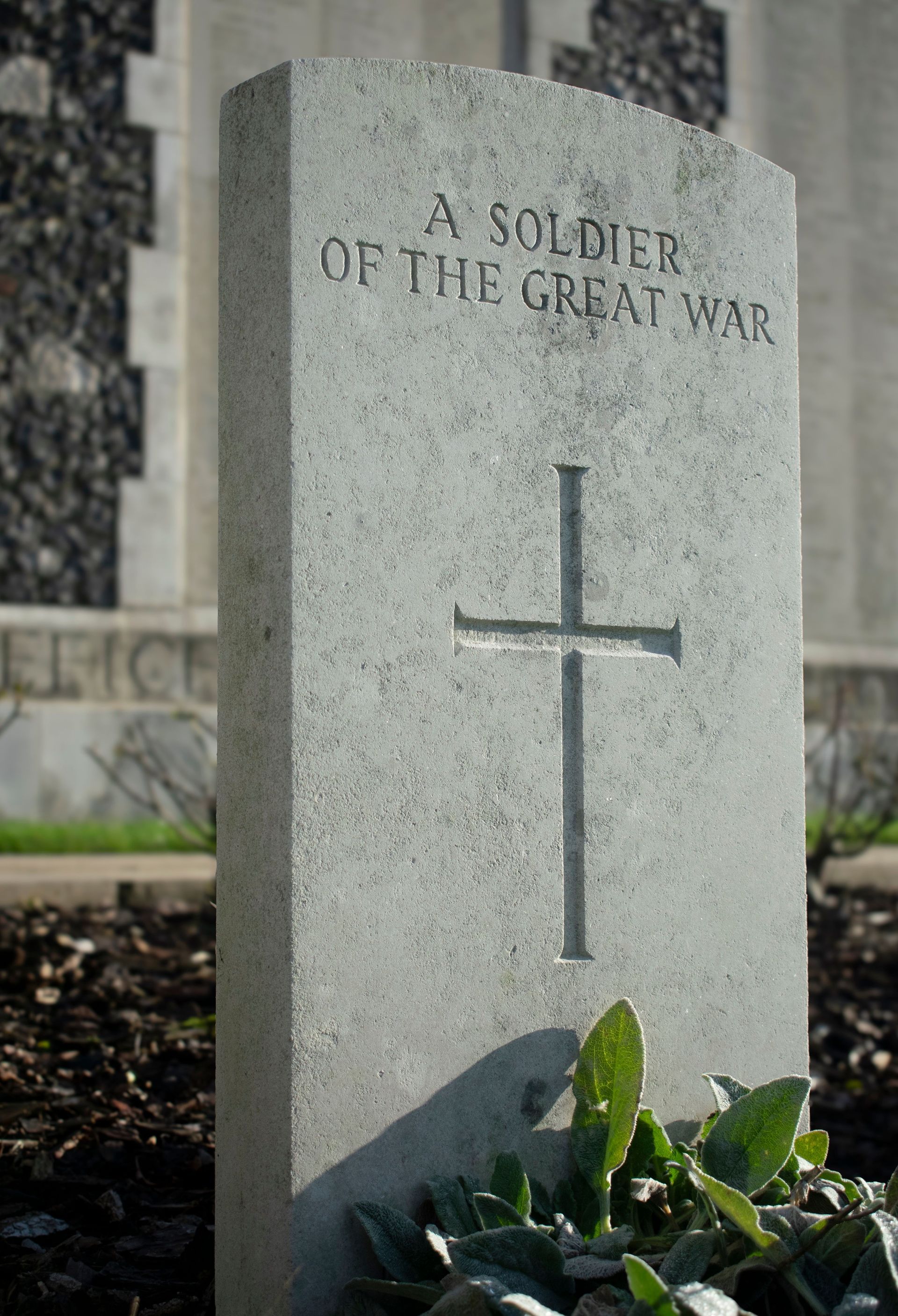 Gravestone engraved “A Soldier of the Great War” with a cross in a cemetery