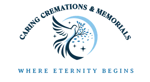 Logo for Caring Cremations & Memorials with blue dove and sparkles, tagline: &ldquo;Where Eternity Begins&rdquo;