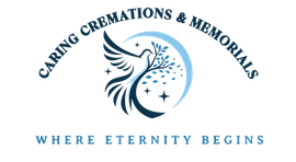 Logo for Caring Cremations & Memorials with blue dove and sparkles, tagline: &ldquo;Where Eternity Begins&rdquo;