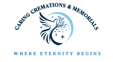 Logo for Caring Cremations & Memorials with blue dove and sparkles, tagline: &ldquo;Where Eternity Begins&rdquo;