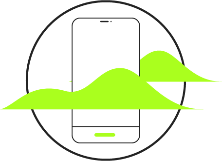 Um telefone celular está cercado por colinas verdes em um círculo.