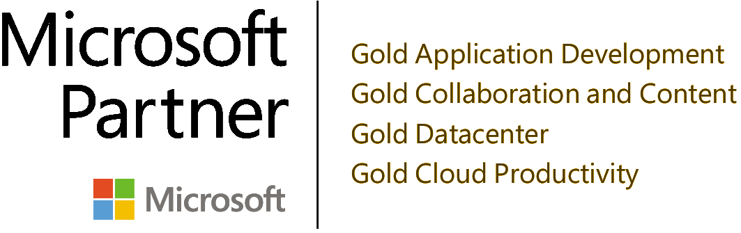 Um logotipo de parceiro da Microsoft com ouro desenvolvimento de aplicativos ouro colaboração e conteúdo ouro datacenter ouro produtividade na nuvem