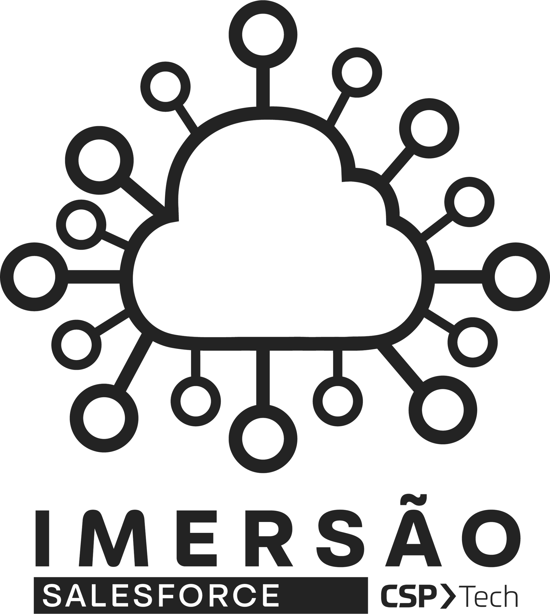 Um logotipo preto e branco de uma nuvem cercada por círculos.