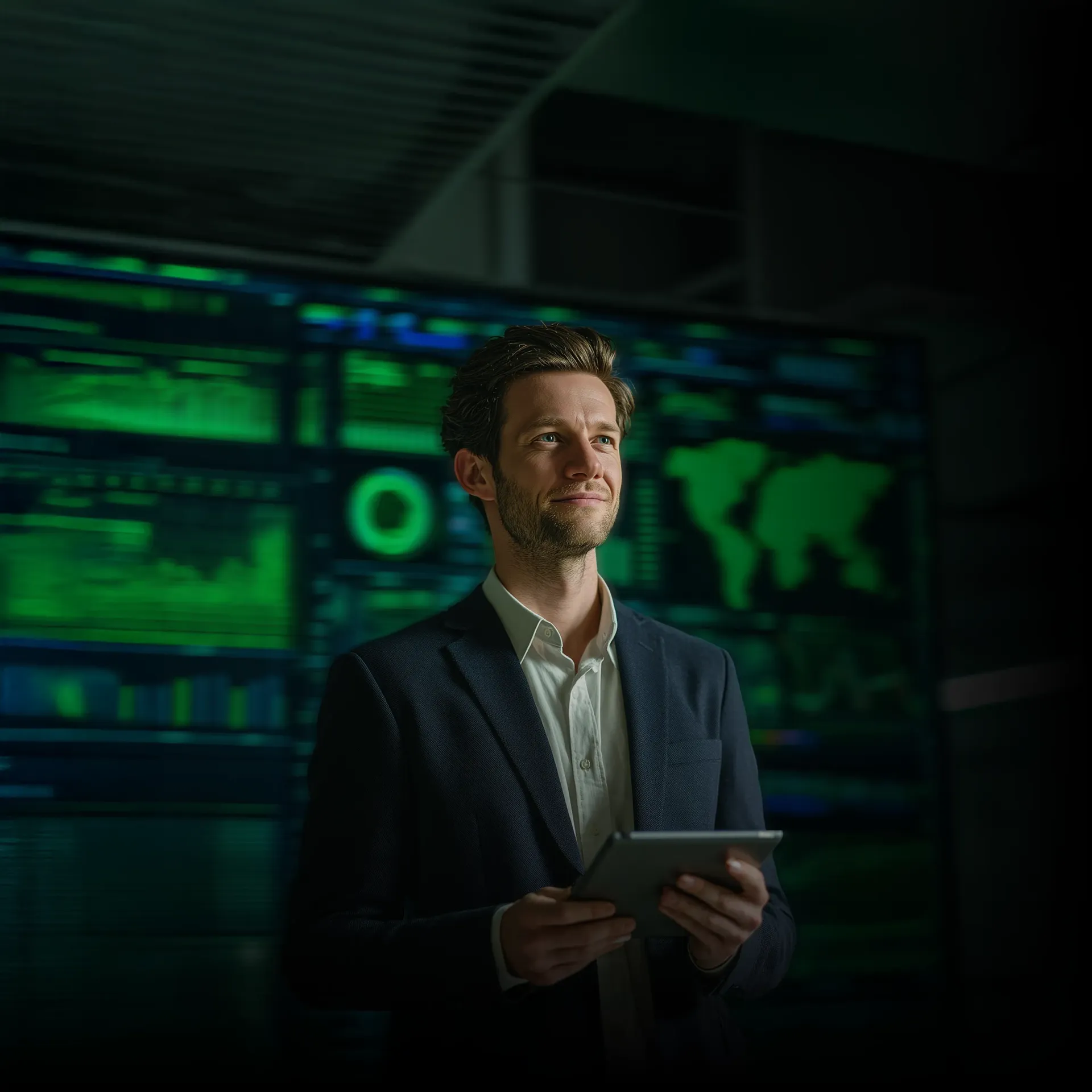 Man holding a tablet in a dark control room with green data screens