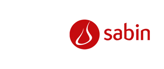 Um logotipo vermelho do Sabin em um fundo branco