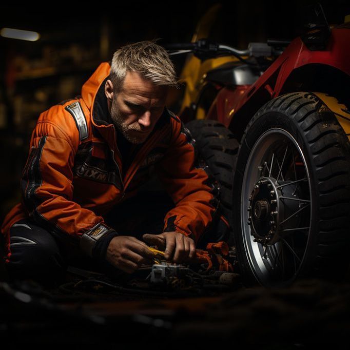 Um homem com uma jaqueta laranja está trabalhando em uma motocicleta
