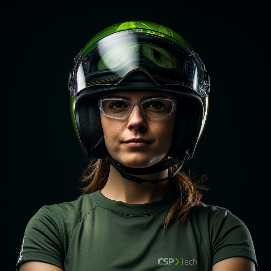 Uma mulher usando um capacete verde e óculos está vestindo uma camisa tecnológica csp
