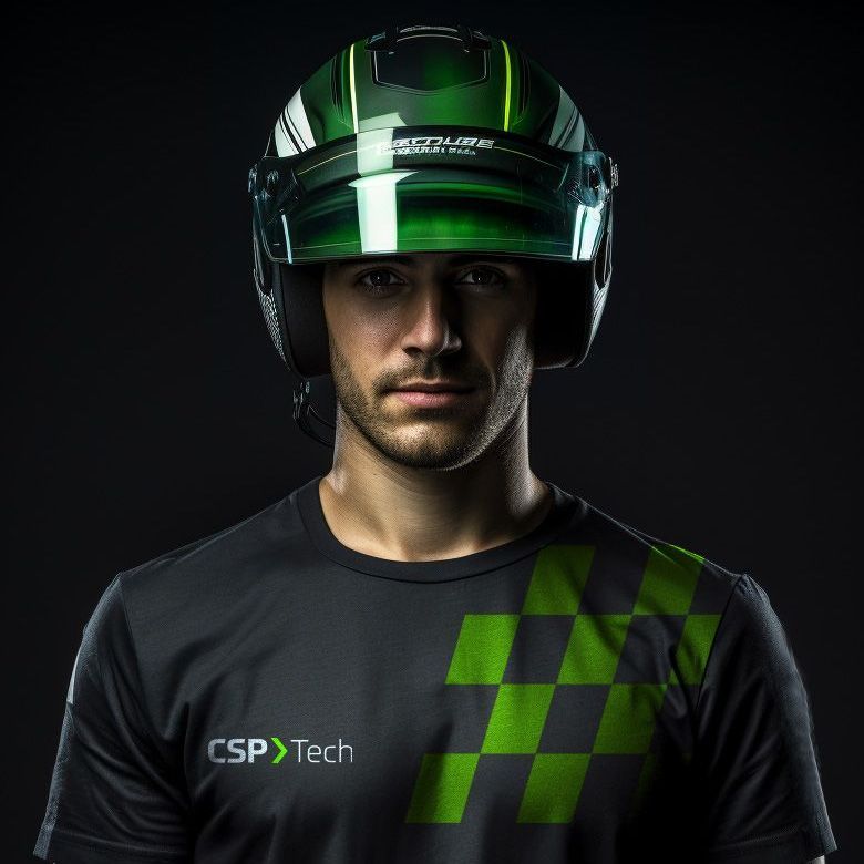 Um homem usando um capacete e uma camisa csp tech
