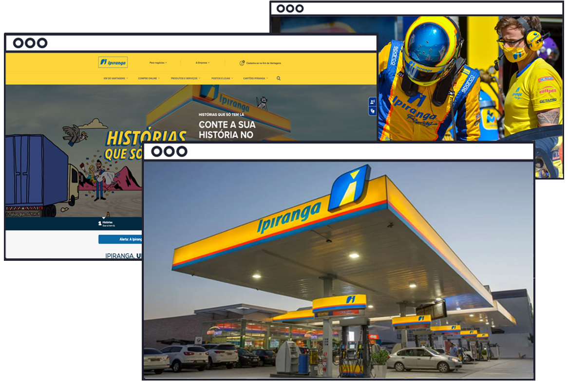 Uma colagem de fotos de um posto de gasolina e um site.
