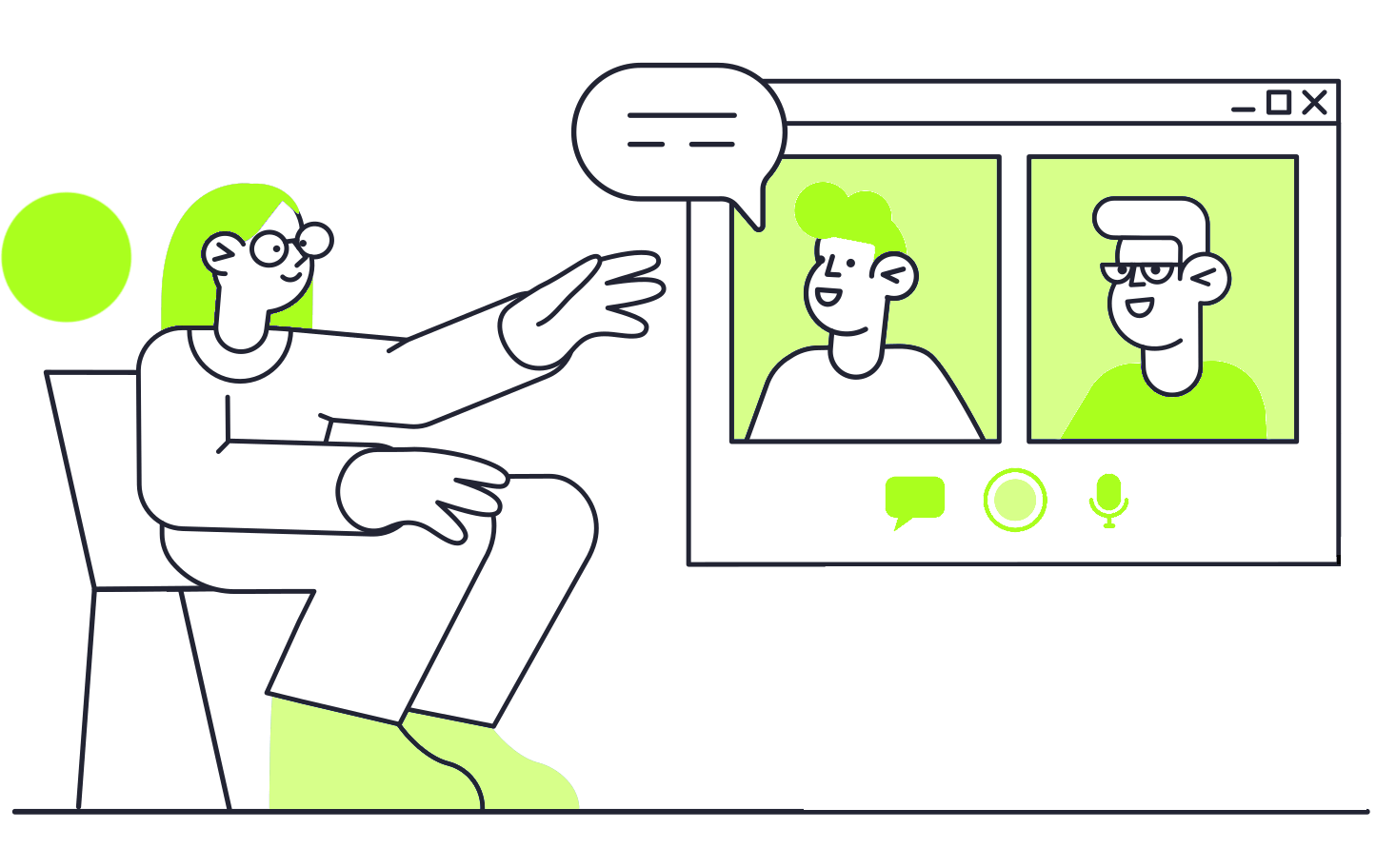 Um homem está sentado em uma cadeira conversando com outras duas pessoas em uma videochamada.