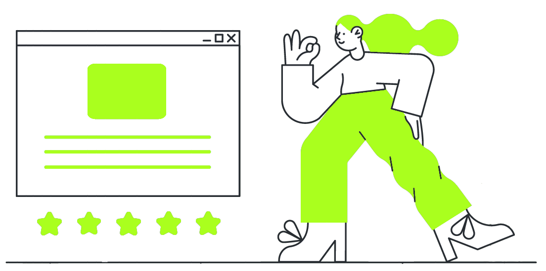 Um desenho de uma mulher de calça verde fazendo sinal de positivo.
