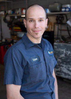 Man in blue work shirt,