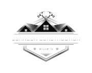 Monochrome construction logo with house roof, hammer, and “Johnson Construction” and “2025” text