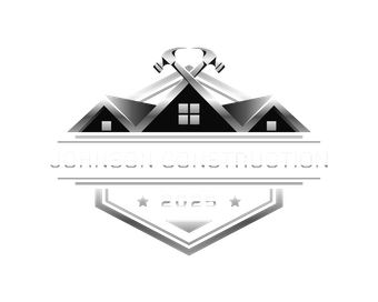 Monochrome construction logo with house roof, hammer, and “Johnson Construction” and “2025” text