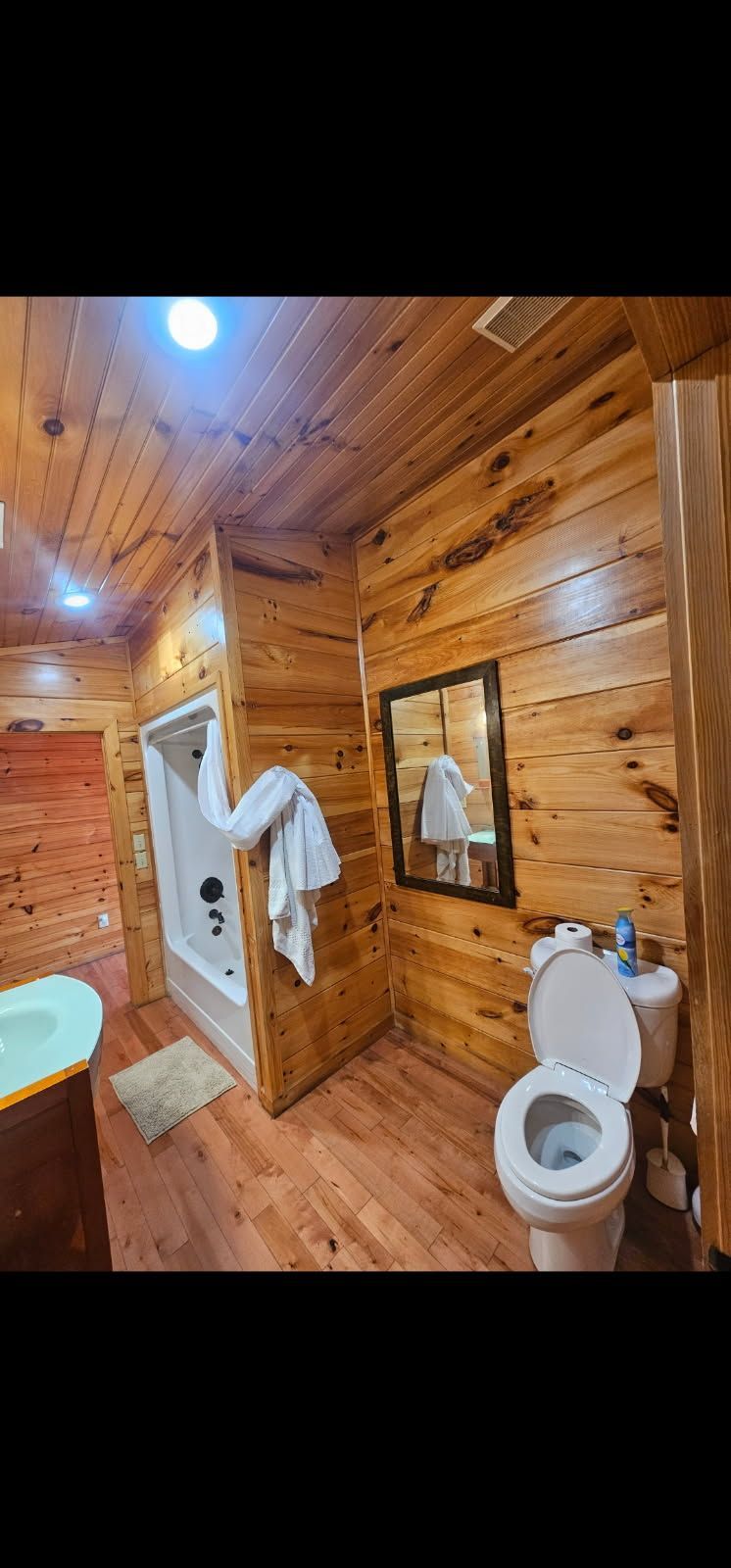 Rustic wooden bathroom with shower, sink, and toilet; a towel hangs by the doorway.