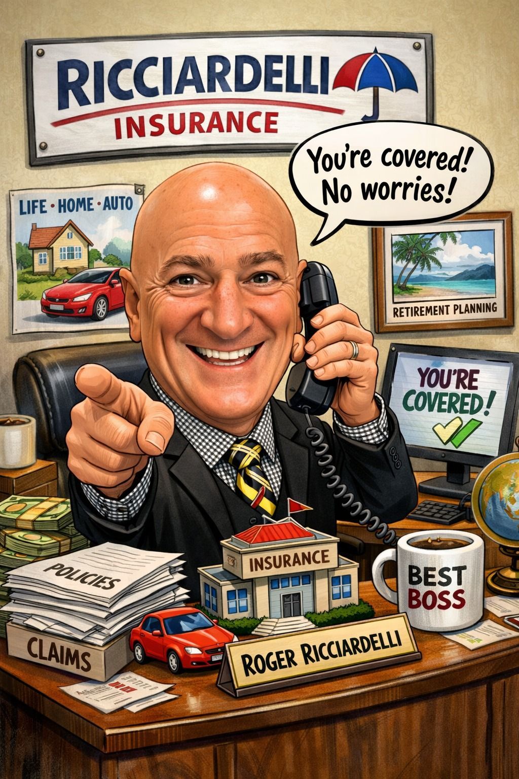 Smiling insurance agent at desk with 