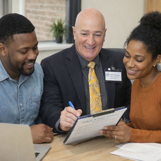 Three people smiling over a document at a table, one writing with a blue pen