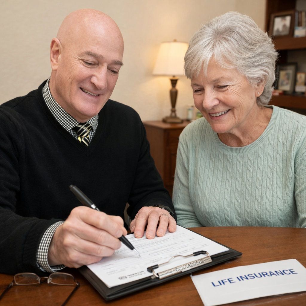 Two people review and sign a life insurance form at a table.