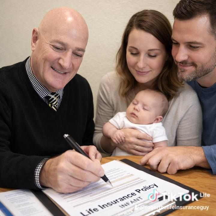 Man signing a life insurance policy with a couple and baby looking on at a table