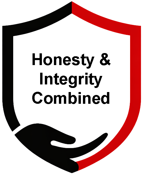 Shield logo with black and red border and hand icon, reading “Honesty & Integrity Combined”
