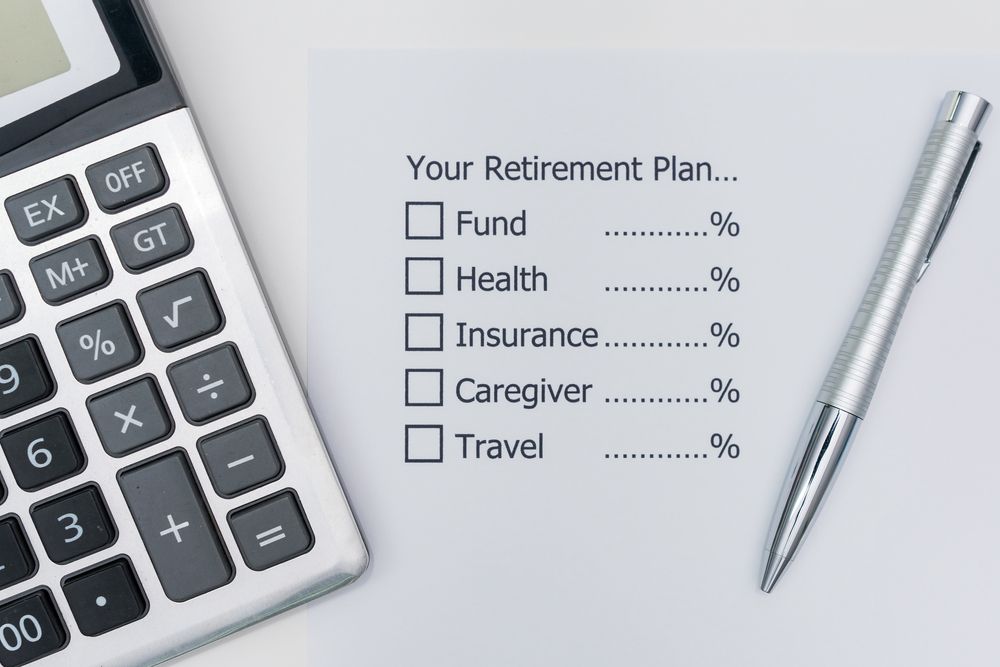 Calculator, pen, and retirement planning checklist on a desk with fund, health, insurance, caregiver, and travel options