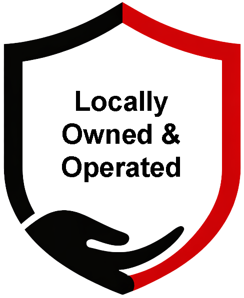 Black-and-red shield logo with hand and text “Locally Owned & Operated”
