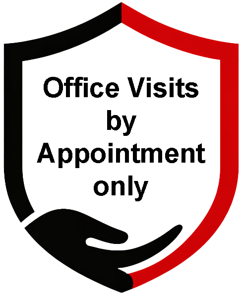 Shield sign reading “Office Visits by Appointment only” with red, black, and white design