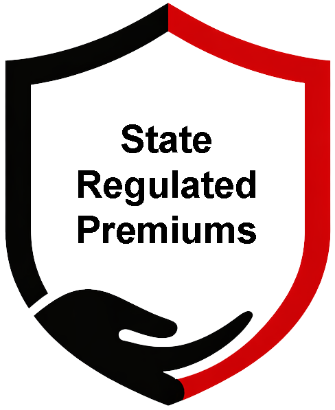 Shield logo with black and red border and a hand icon, labeled “State Regulated Premiums”