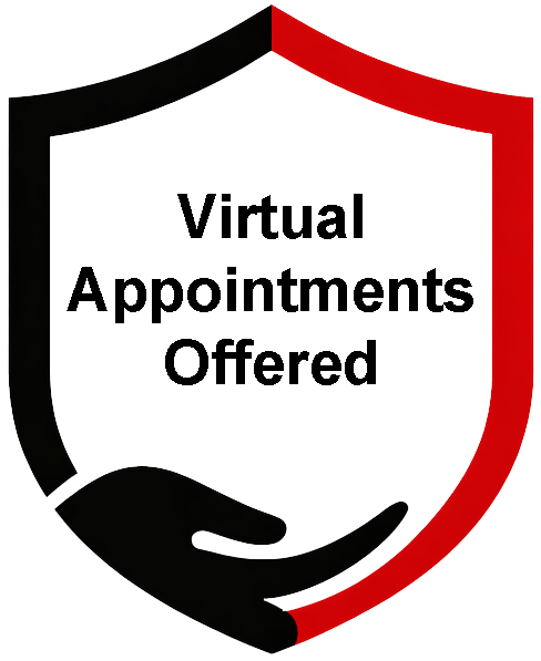 Black and red shield with hand icon and text “Virtual Appointments Offered”