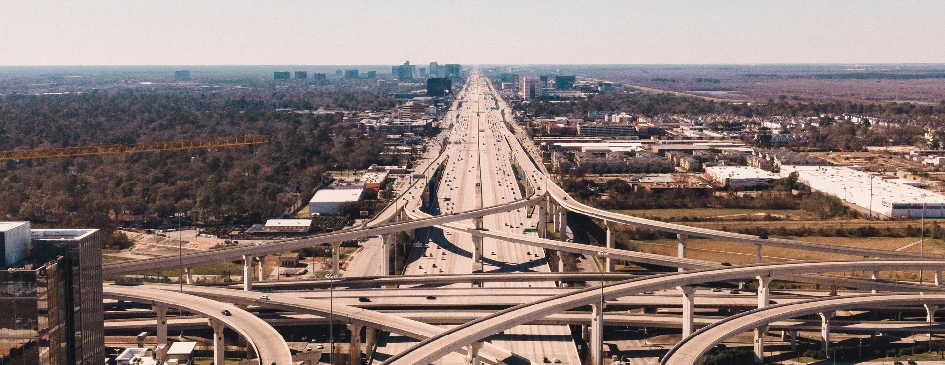Aerial view of a highway interchange in Katy.