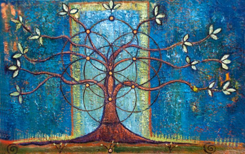 Colorful tree with white leaves against a blue textured background and earthy ground in a stylized painting