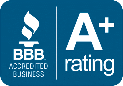 A blue sign that says bbb accredited business and a+ rating