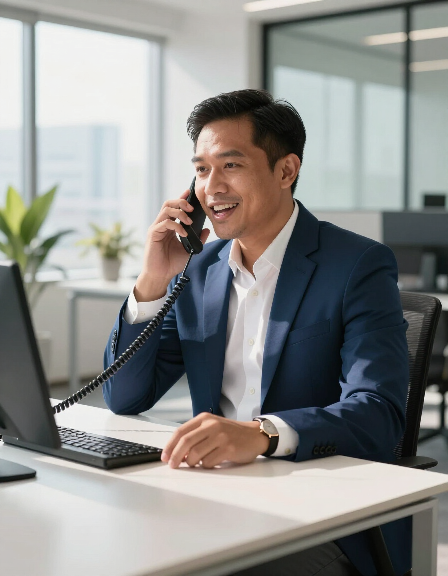 Friendly business professional at a modern desk speaking on an IP phone