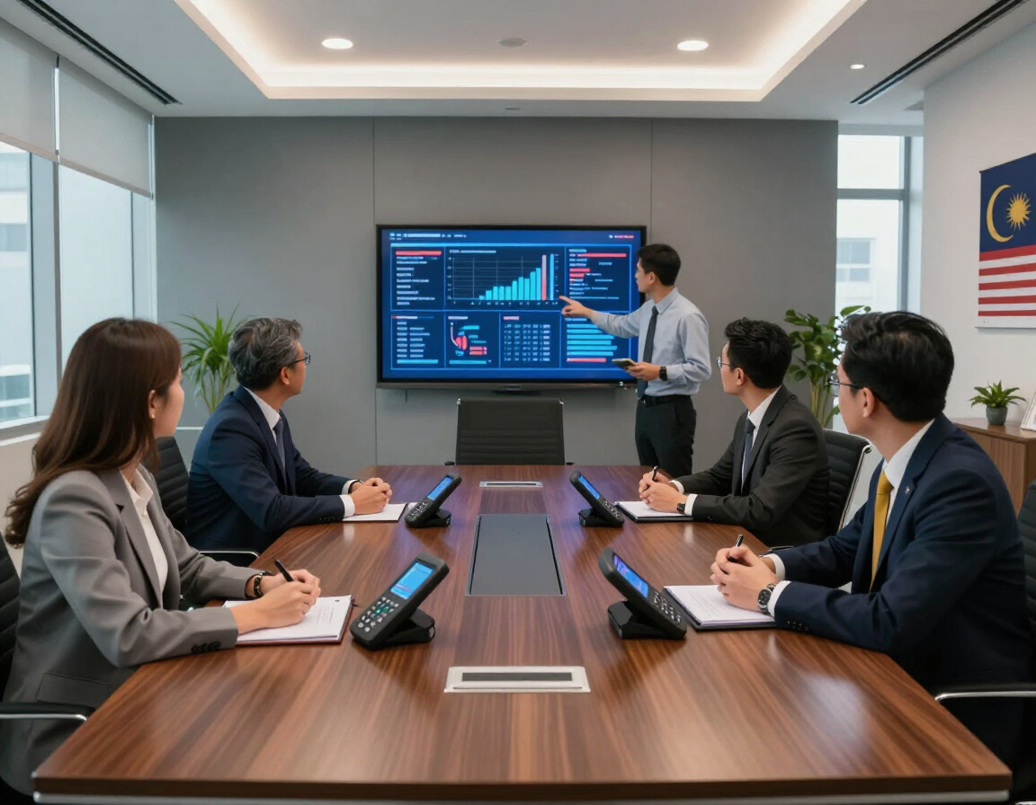 Modern office boardroom with IP phones on a conference table