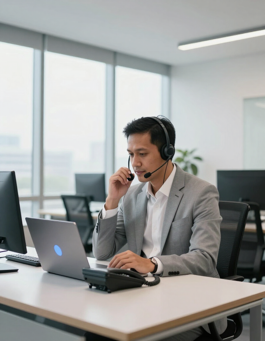 Professional using desk IP phone in a modern Malaysian office
