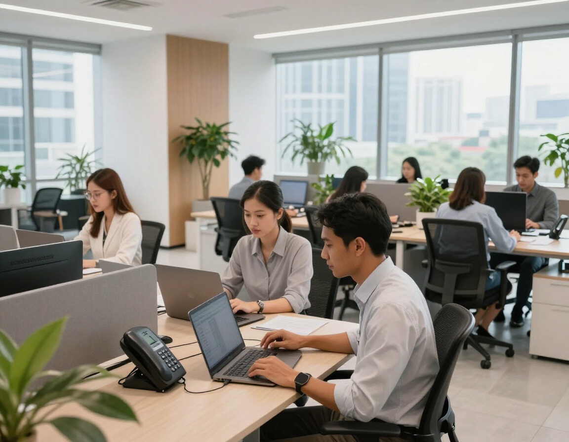 Modern office with professionals using IP desk phones