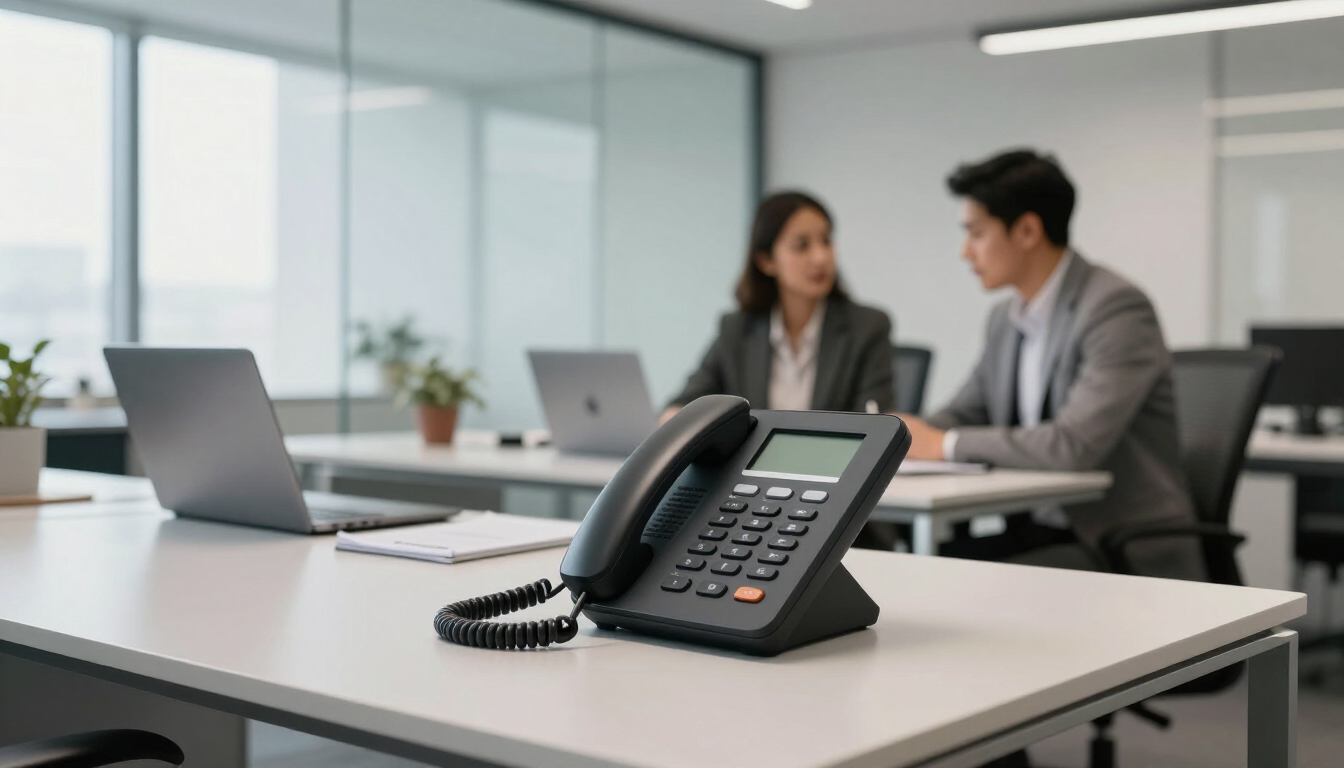Modern IP Phone on a corporate desk showing office phone PABX system features