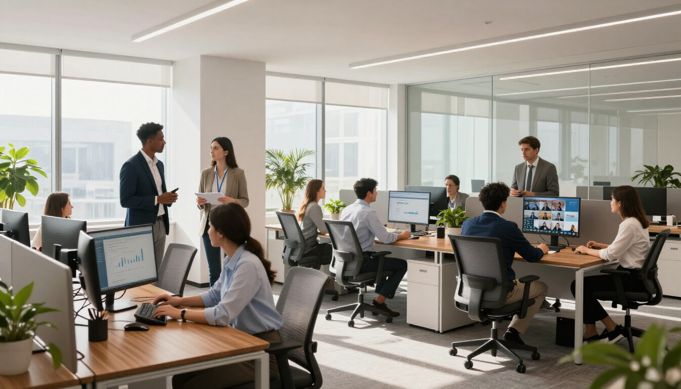 Modern business communication using a cloud PABX system in a professional office.