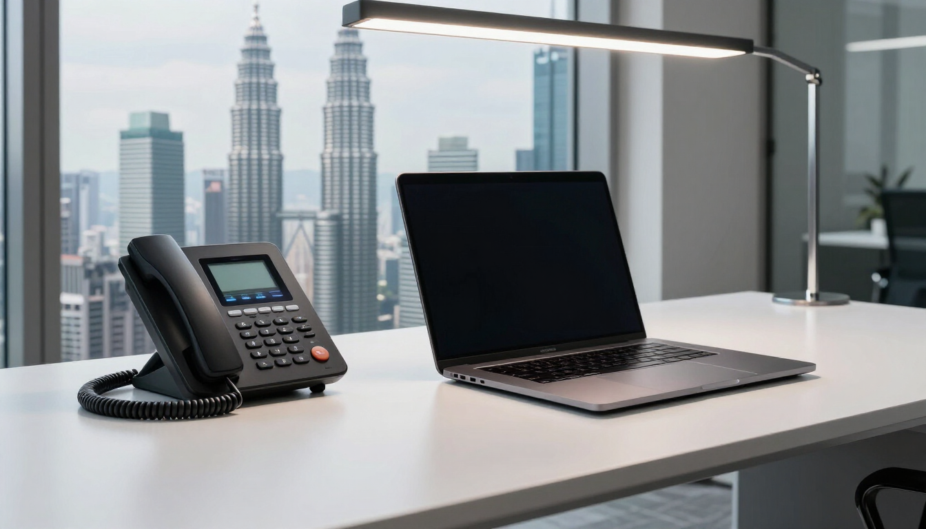 A modern office desk with a professional VOIP phone system and business tools.