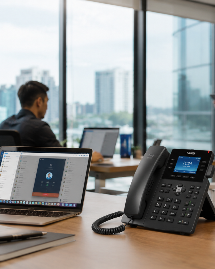 Modern Malaysian office with IP phones and laptops