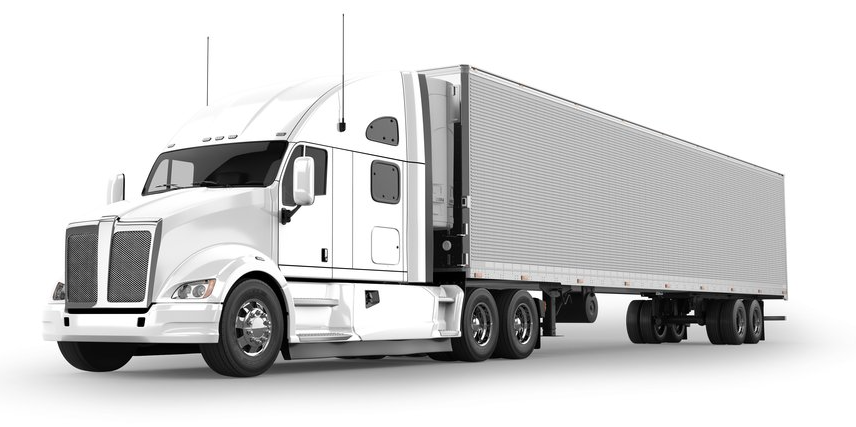 White semi-truck with trailer on white background.
