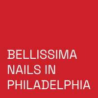A red background with white text that says bellissima nails in philadelphia.