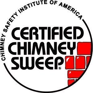 Certified Chimney Sweep logo with black text and red brick chimney icon in a circle