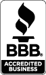BBB Accredited Business logo in black and white with a torch icon.