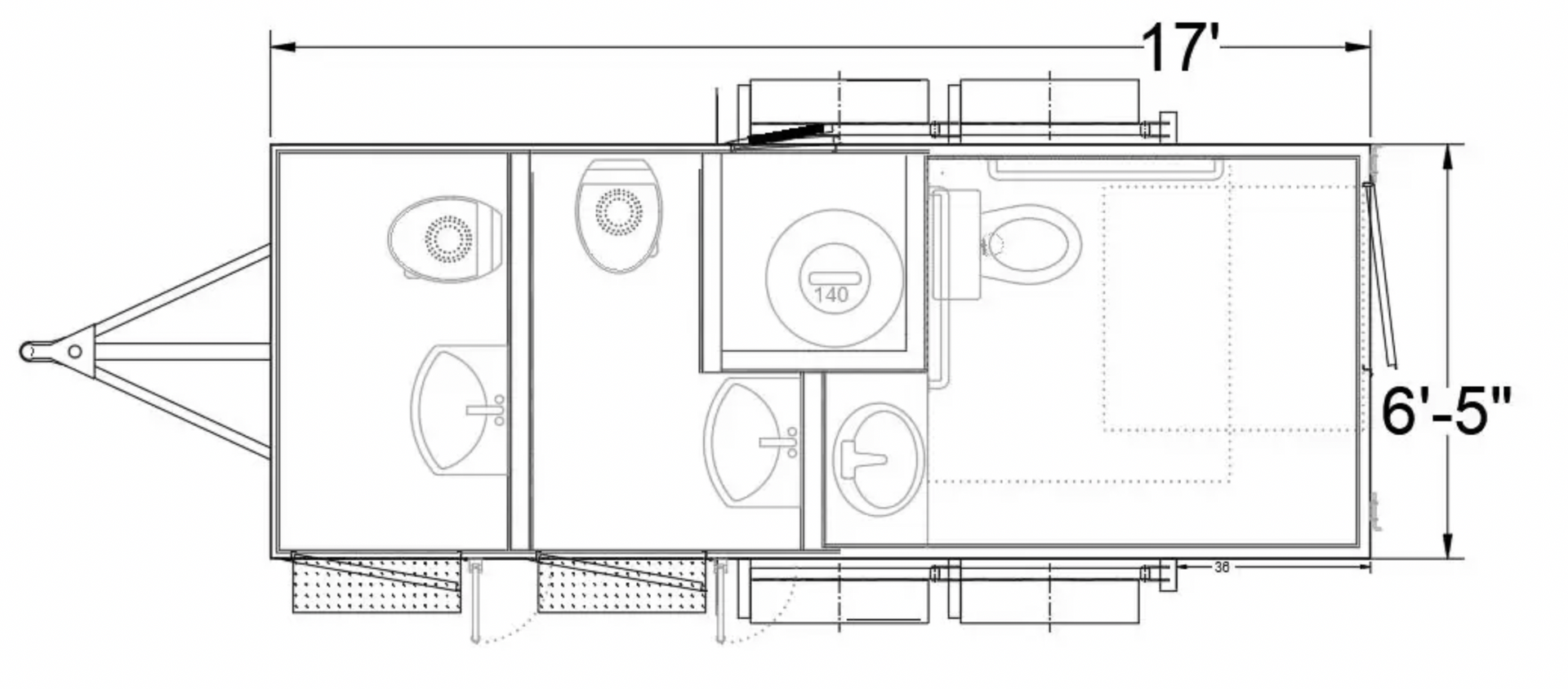 Top-down floor plan of a compact camper layout, labeled 17' by 6'-5