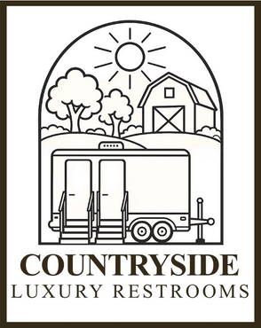 Countryside Luxury Restrooms logo with trailer restroom under sun, trees, barn, and hills
